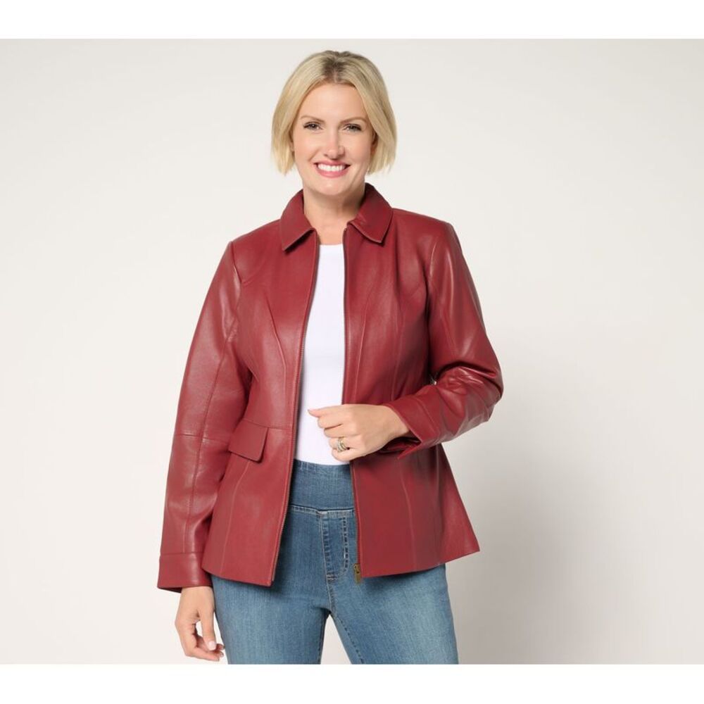 Liberare Women's Petite Jacket PL Denim & Co. Lamb Leather Zip Front Red A699962
